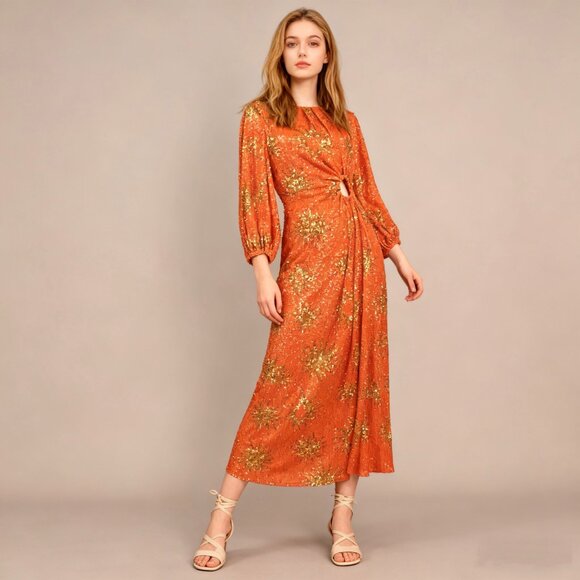 farm rio sunny mood sequin midi-dress FARM Rio Sunny Mood Sequin-embellished Midi Dress in Orange